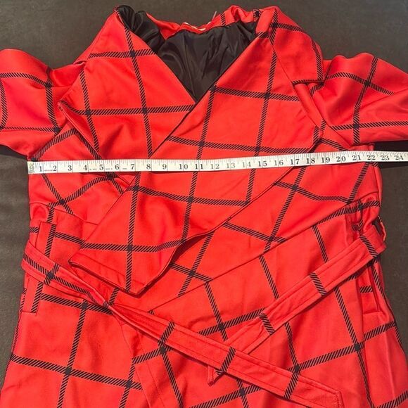 Women’s Red Turn Down Collar Wrap Trench Coat Grid Pattern Belted XL (**tagXXL) - Picture 10 of 13